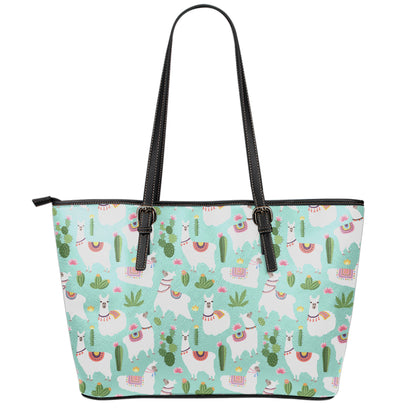 Cute Cactus And Llama Pattern Print Leather Tote Bag