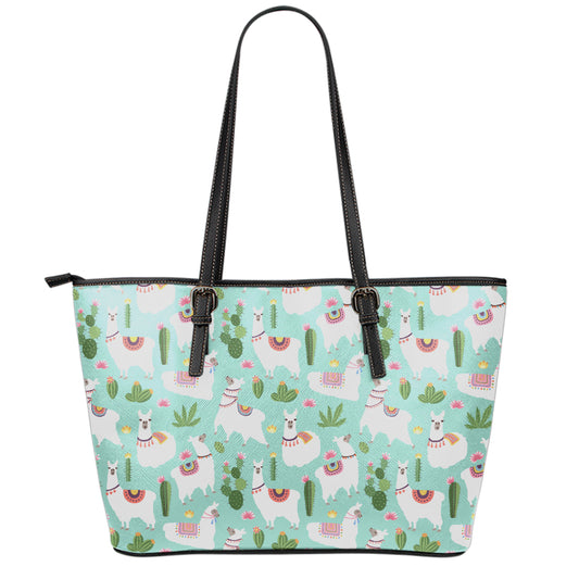 Cute Cactus And Llama Pattern Print Leather Tote Bag