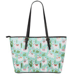 Cute Cactus And Llama Pattern Print Leather Tote Bag