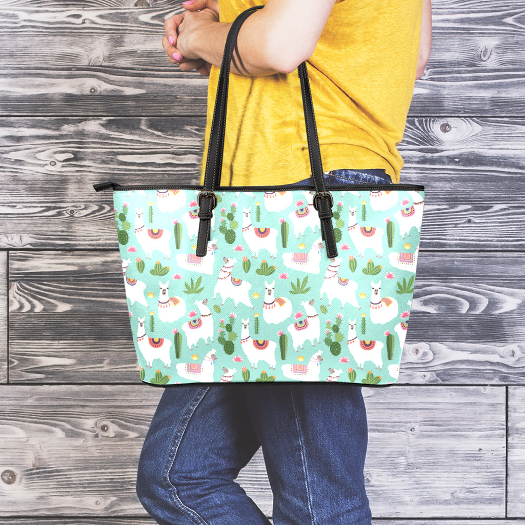 Cute Cactus And Llama Pattern Print Leather Tote Bag