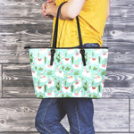 Cute Cactus And Llama Pattern Print Leather Tote Bag