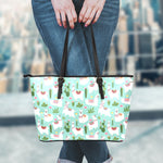 Cute Cactus And Llama Pattern Print Leather Tote Bag