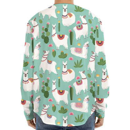 Cute Cactus And Llama Pattern Print Long Sleeve Baseball Jersey