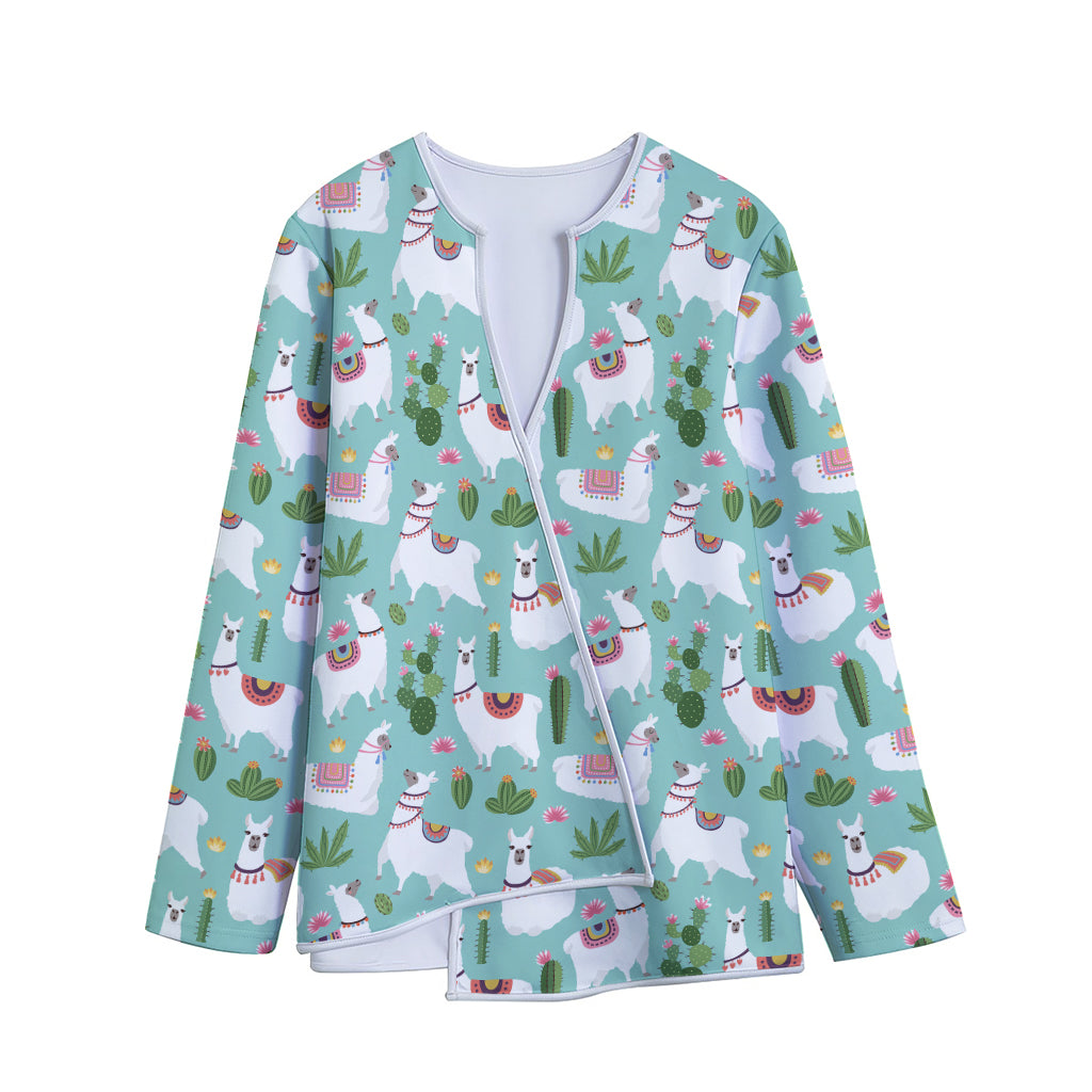 Cute Cactus And Llama Pattern Print Long Sleeve Short Coat