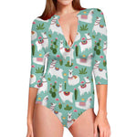 Cute Cactus And Llama Pattern Print Long Sleeve Swimsuit