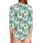 Cute Cactus And Llama Pattern Print Long Sleeve Swimsuit