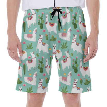Cute Cactus And Llama Pattern Print Men's Beach Shorts