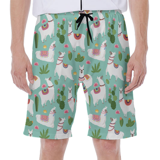 Cute Cactus And Llama Pattern Print Men's Beach Shorts