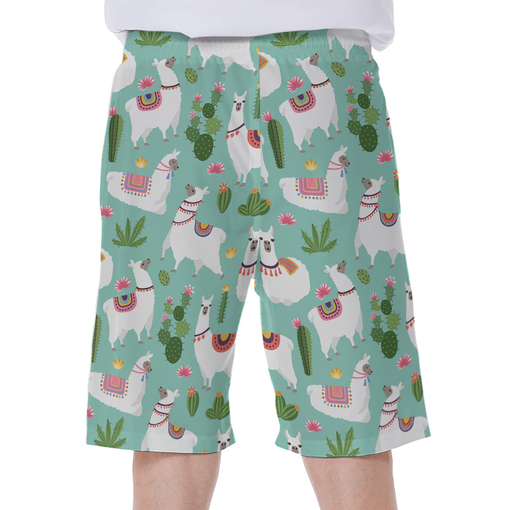 Cute Cactus And Llama Pattern Print Men's Beach Shorts