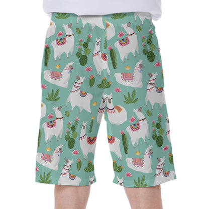 Cute Cactus And Llama Pattern Print Men's Beach Shorts