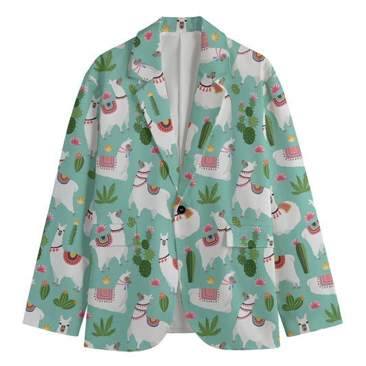 Cute Cactus And Llama Pattern Print Men's Blazer