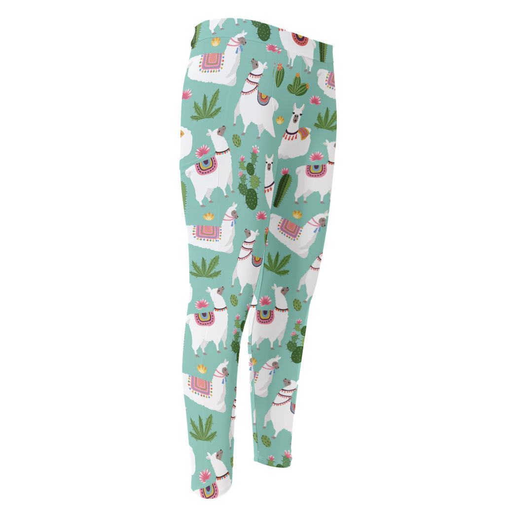 Cute Cactus And Llama Pattern Print Men's Compression Pants