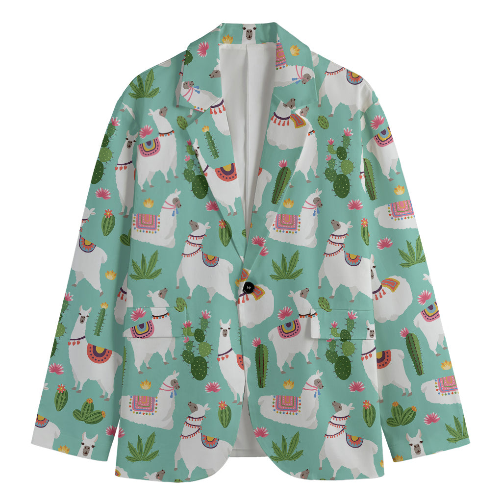 Cute Cactus And Llama Pattern Print Men's Cotton Blazer