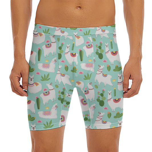 Cute Cactus And Llama Pattern Print Men's Long Boxer Briefs