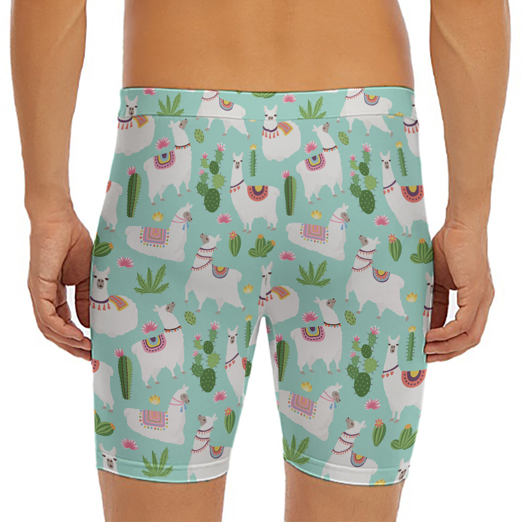 Cute Cactus And Llama Pattern Print Men's Long Boxer Briefs
