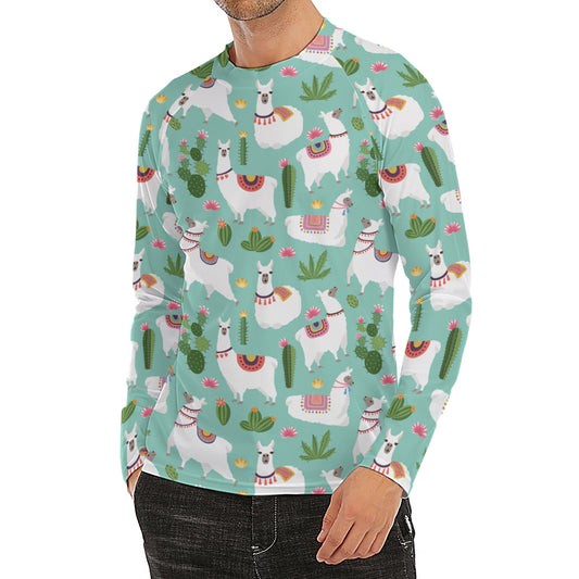 Cute Cactus And Llama Pattern Print Men's Long Sleeve Rash Guard