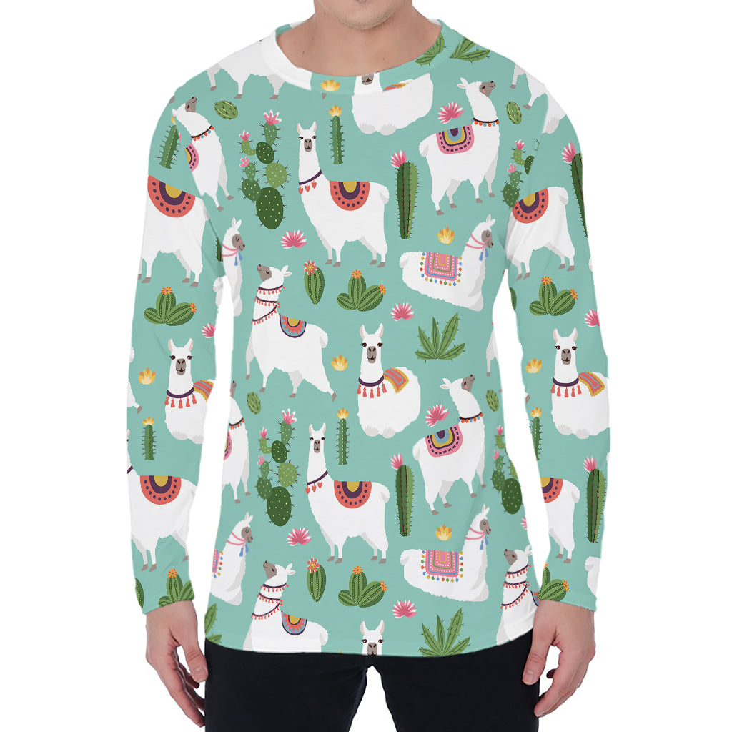 Cute Cactus And Llama Pattern Print Men's Long Sleeve T-Shirt