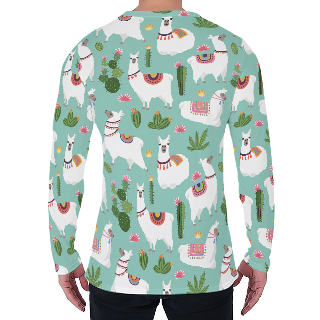 Cute Cactus And Llama Pattern Print Men's Long Sleeve T-Shirt