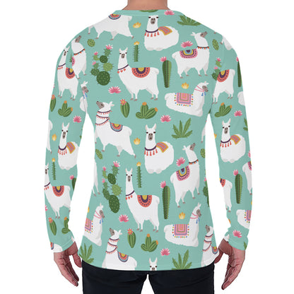 Cute Cactus And Llama Pattern Print Men's Long Sleeve T-Shirt