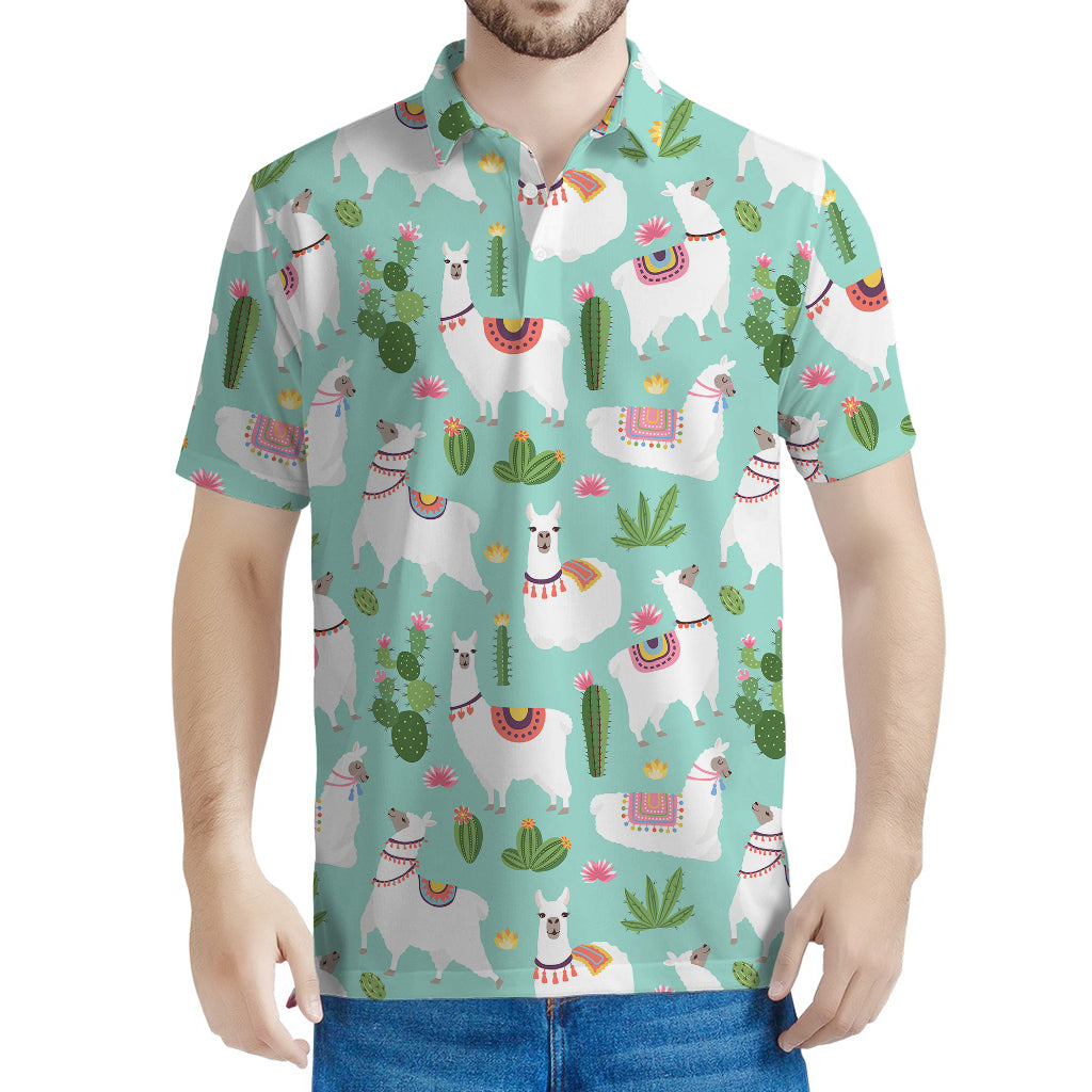 Cute Cactus And Llama Pattern Print Men's Polo Shirt