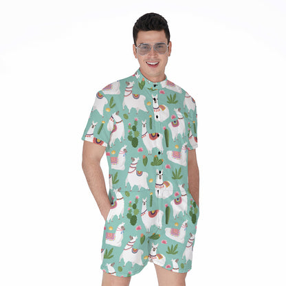 Cute Cactus And Llama Pattern Print Men's Rompers