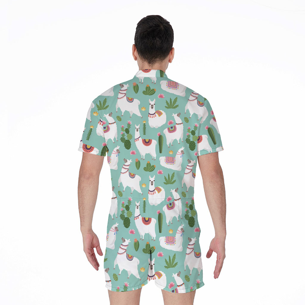 Cute Cactus And Llama Pattern Print Men's Rompers