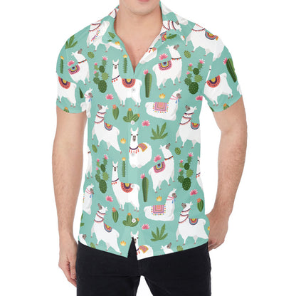 Cute Cactus And Llama Pattern Print Men's Shirt