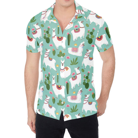 Cute Cactus And Llama Pattern Print Men's Shirt