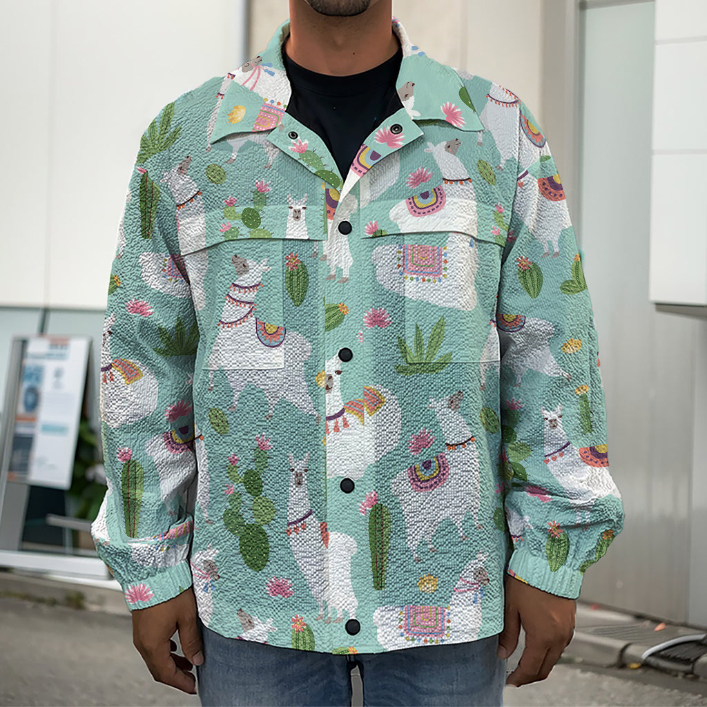Cute Cactus And Llama Pattern Print Men's Shirt Jacket