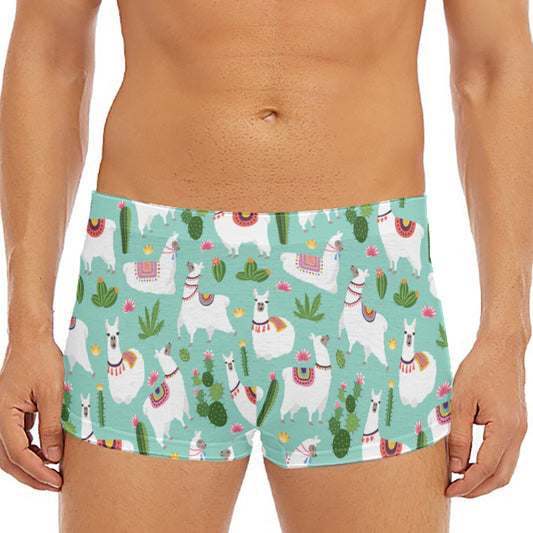 Cute Cactus And Llama Pattern Print Men's Short Boxer Briefs