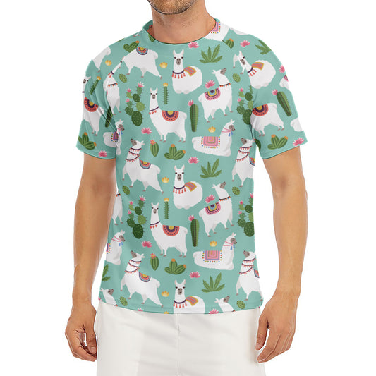 Cute Cactus And Llama Pattern Print Men's Short Sleeve Rash Guard