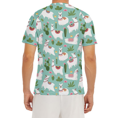Cute Cactus And Llama Pattern Print Men's Short Sleeve Rash Guard