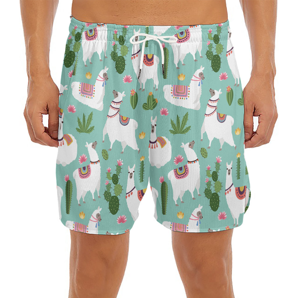 Cute Cactus And Llama Pattern Print Men's Split Running Shorts