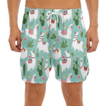 Cute Cactus And Llama Pattern Print Men's Split Running Shorts