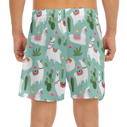 Cute Cactus And Llama Pattern Print Men's Split Running Shorts