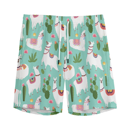 Cute Cactus And Llama Pattern Print Men's Sports Shorts