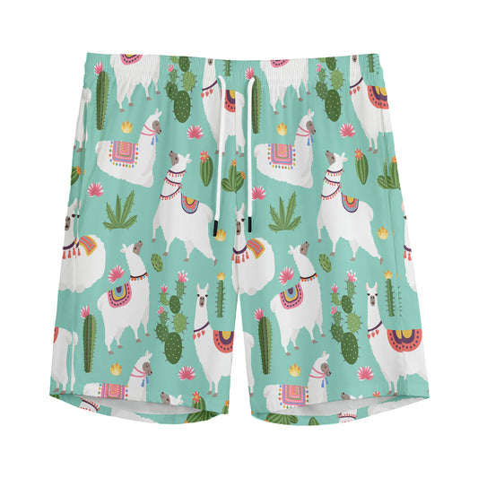 Cute Cactus And Llama Pattern Print Men's Sports Shorts