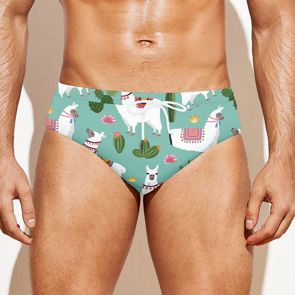 Cute Cactus And Llama Pattern Print Men's Swim Briefs