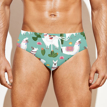 Cute Cactus And Llama Pattern Print Men's Swim Briefs