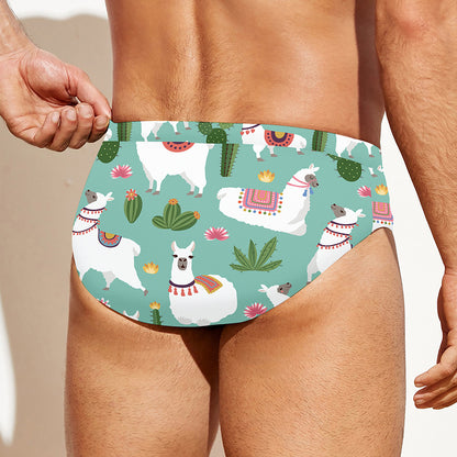 Cute Cactus And Llama Pattern Print Men's Swim Briefs
