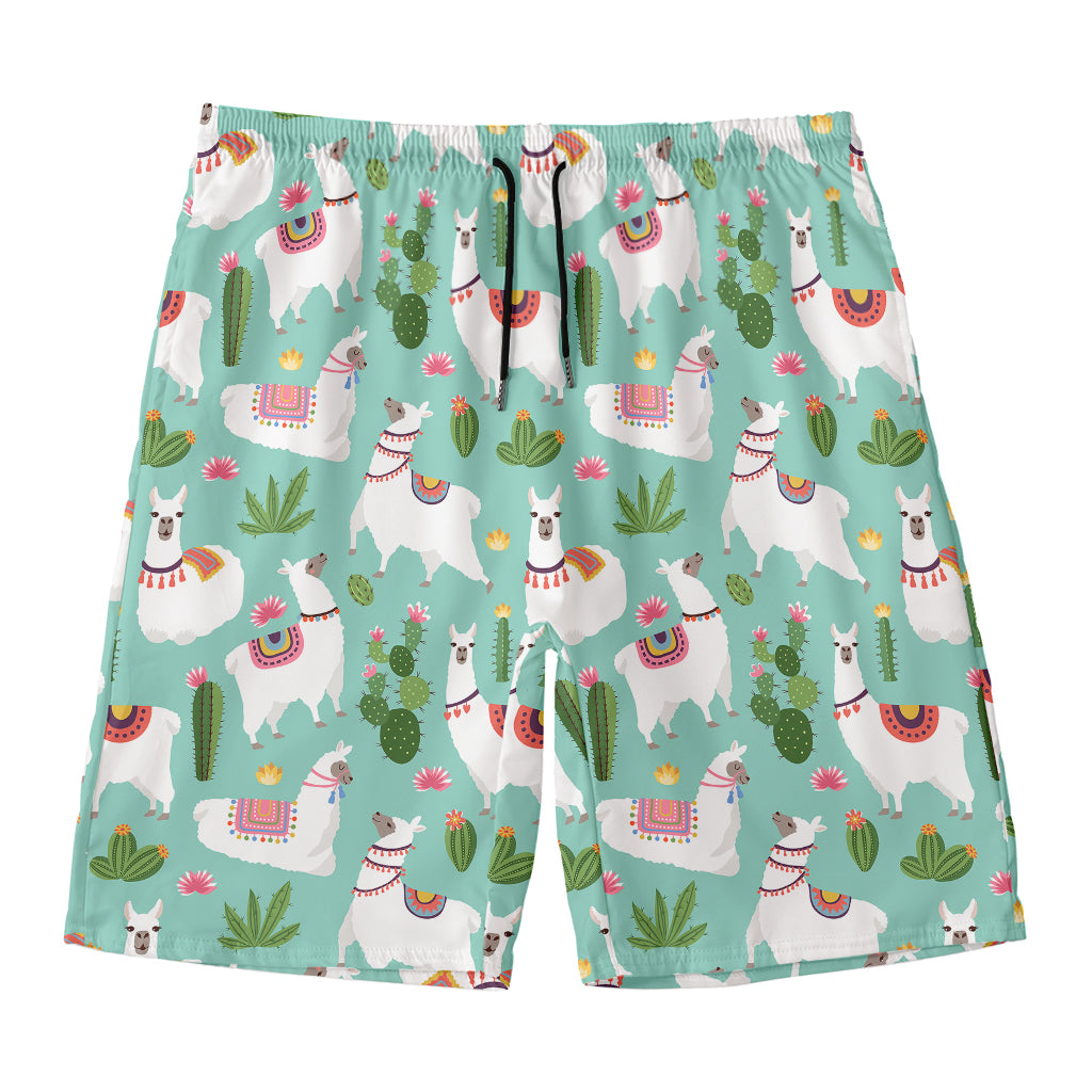 Cute Cactus And Llama Pattern Print Men's Swim Trunks