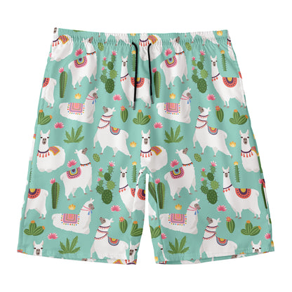 Cute Cactus And Llama Pattern Print Men's Swim Trunks