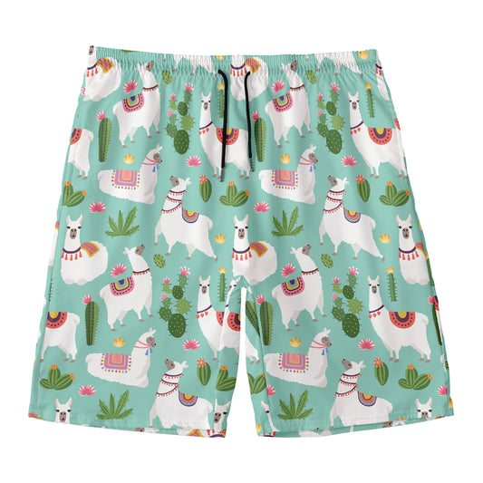 Cute Cactus And Llama Pattern Print Men's Swim Trunks