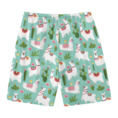 Cute Cactus And Llama Pattern Print Men's Swim Trunks