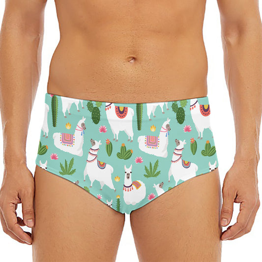 Cute Cactus And Llama Pattern Print Men's Triangle Swim Briefs