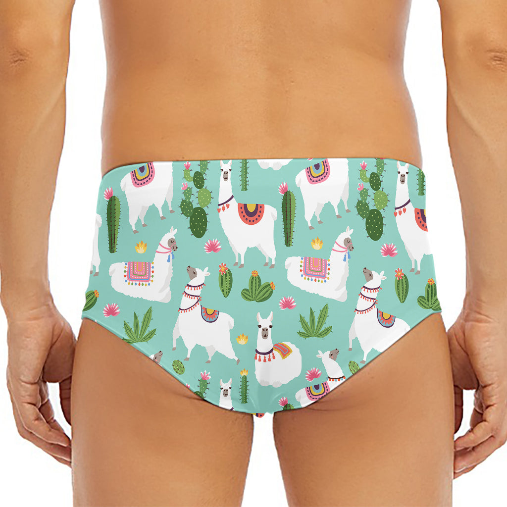 Cute Cactus And Llama Pattern Print Men's Triangle Swim Briefs