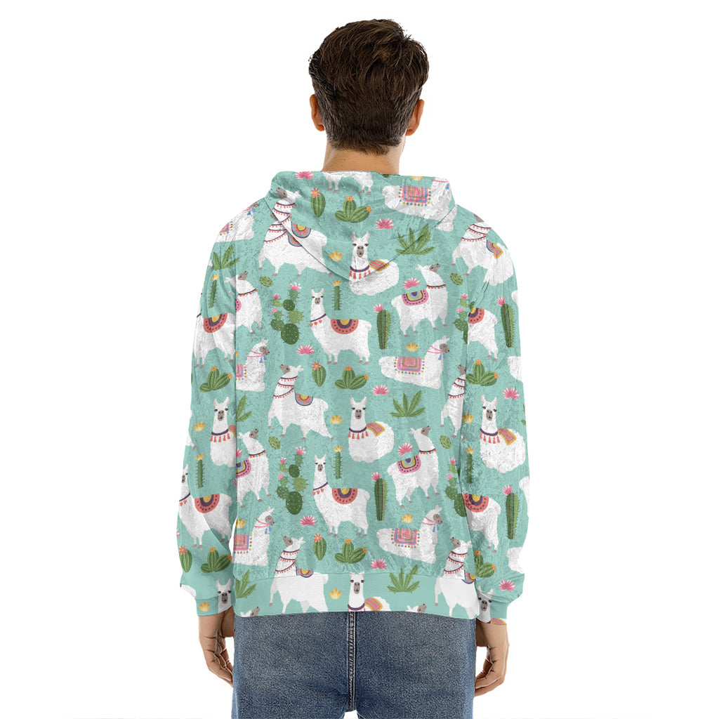 Cute Cactus And Llama Pattern Print Men's Velvet Pullover Hoodie