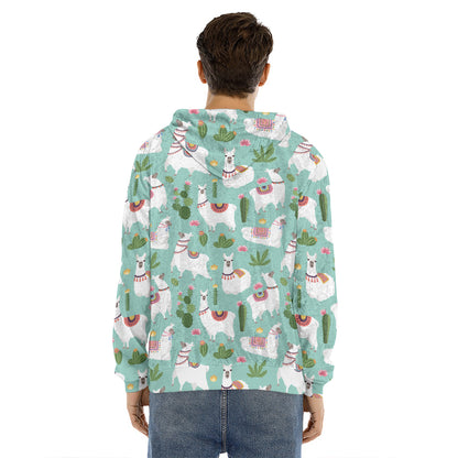 Cute Cactus And Llama Pattern Print Men's Velvet Pullover Hoodie