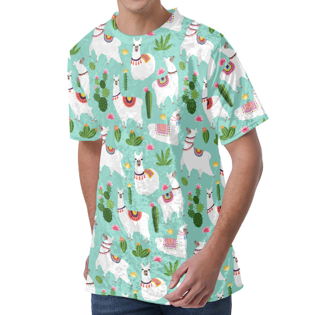 Cute Cactus And Llama Pattern Print Men's Velvet T-Shirt
