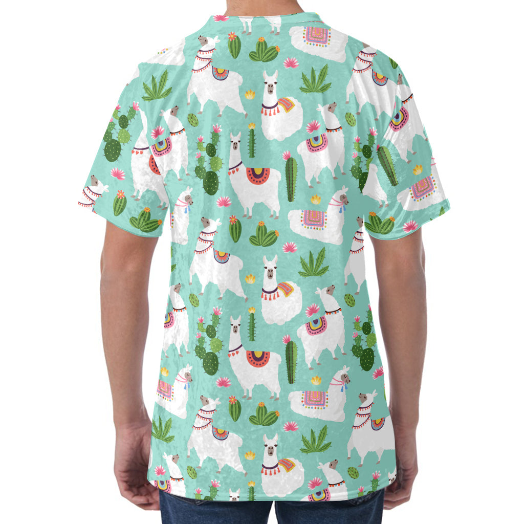 Cute Cactus And Llama Pattern Print Men's Velvet T-Shirt